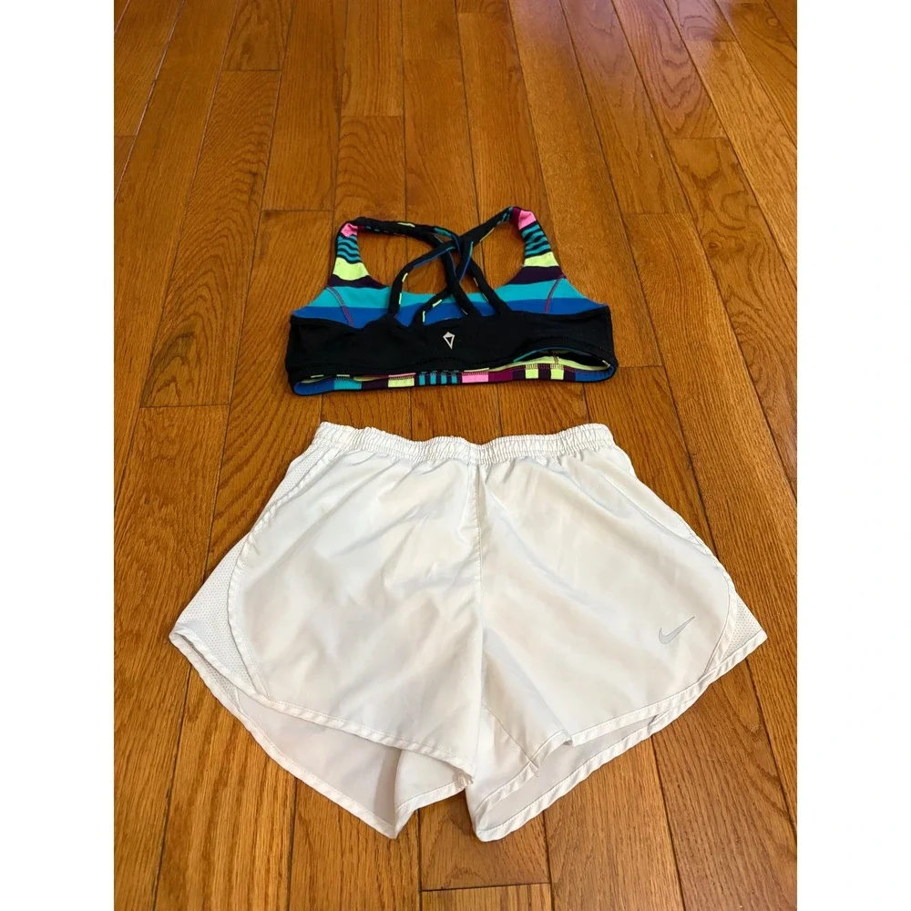 Nike Dri-FIT White Shorts and Ivivva Striped Crisscross Sports Bra Set Kids M